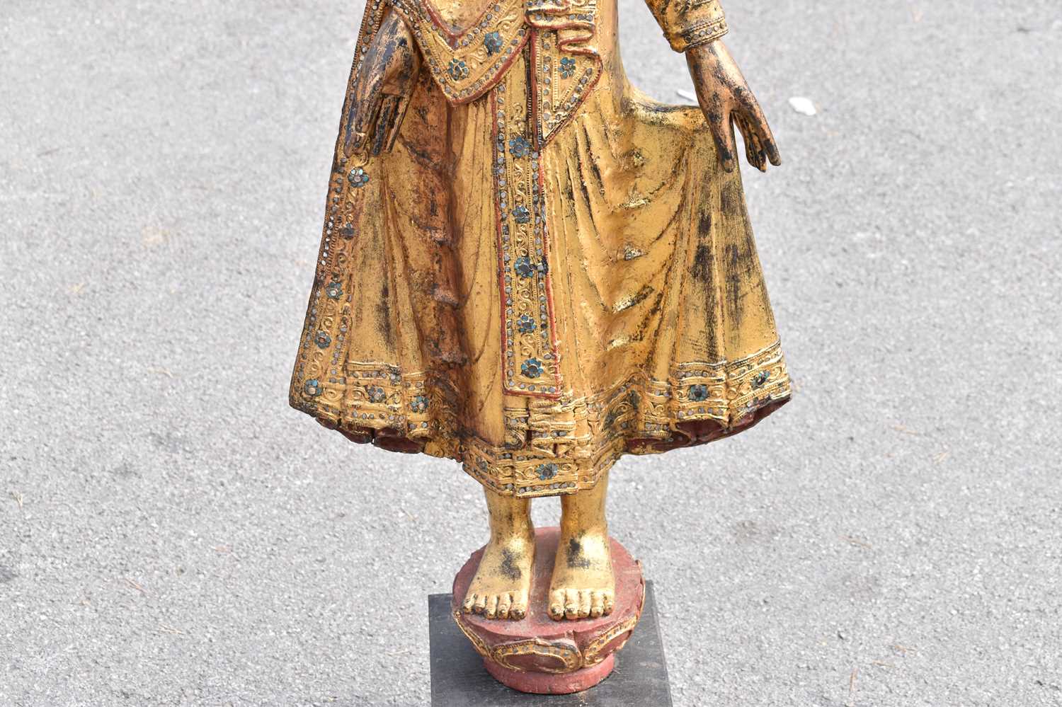 A large 18th century Sino-Tibetan bronzed giltwood figure. 116 cms high including base. - Image 4 of 11