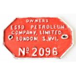 RAILWAYANA; wagon plate, Owners Esso Petroleum Company Limited London SW1, no.2096, 13.5 x 23cm.