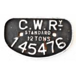 RAILWAYANA; wagon plate, GWR 145476 Standard 12 Tons, 16.5 x 27.5cm.
