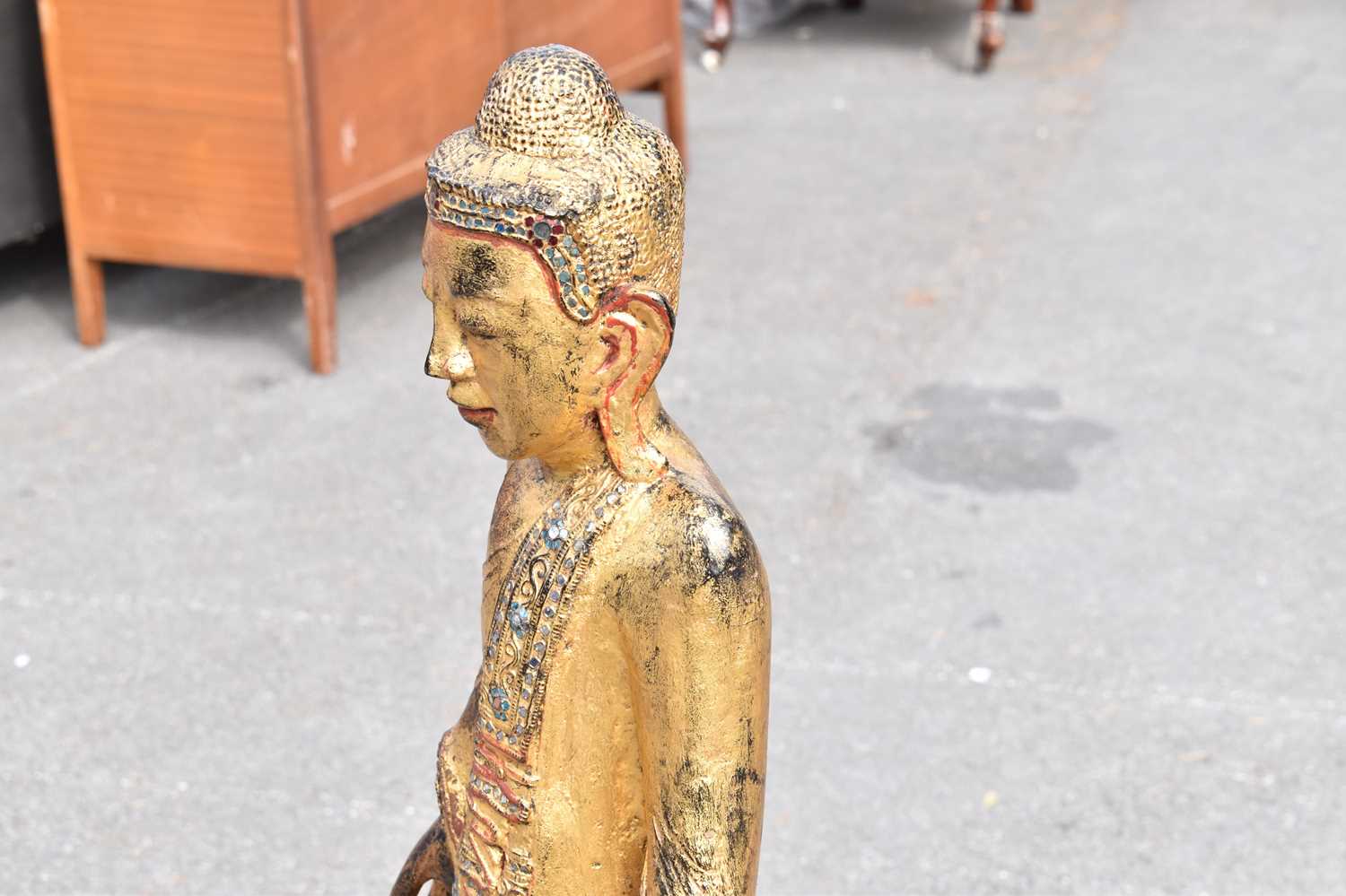 A large 18th century Sino-Tibetan bronzed giltwood figure. 116 cms high including base. - Image 7 of 11