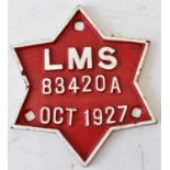 RAILWAYANA; wagon plate, star shaped LMS 53420A, Oct 1927, height 148.5cm.