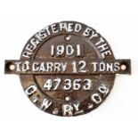 RAILWAYANA; wagon plate, Registered by the GWRy Co. to carry 12 tons, 1901/47363, 16.5 x 21cm.