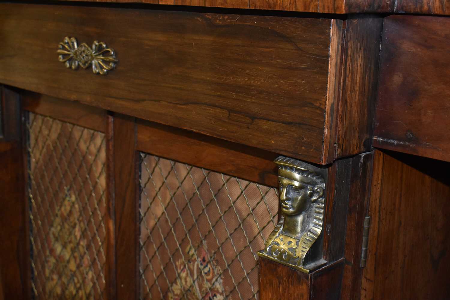 An early 19th century Regency period rosewood breakfront credenza with Egyptian style gilt metal - Image 3 of 5