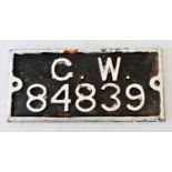 RAILWAYANA; a cast iron registration numberplate GW 84839, 15 x 31.5cm.