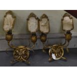 A pair of gilt metal two branch wall lights with silk shades (silk af), height approx 37cm.