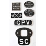 RAILWAYANA; six assorted cast iron plaques including L&SWR Station Master, LMS Wolverton 1924, SC,