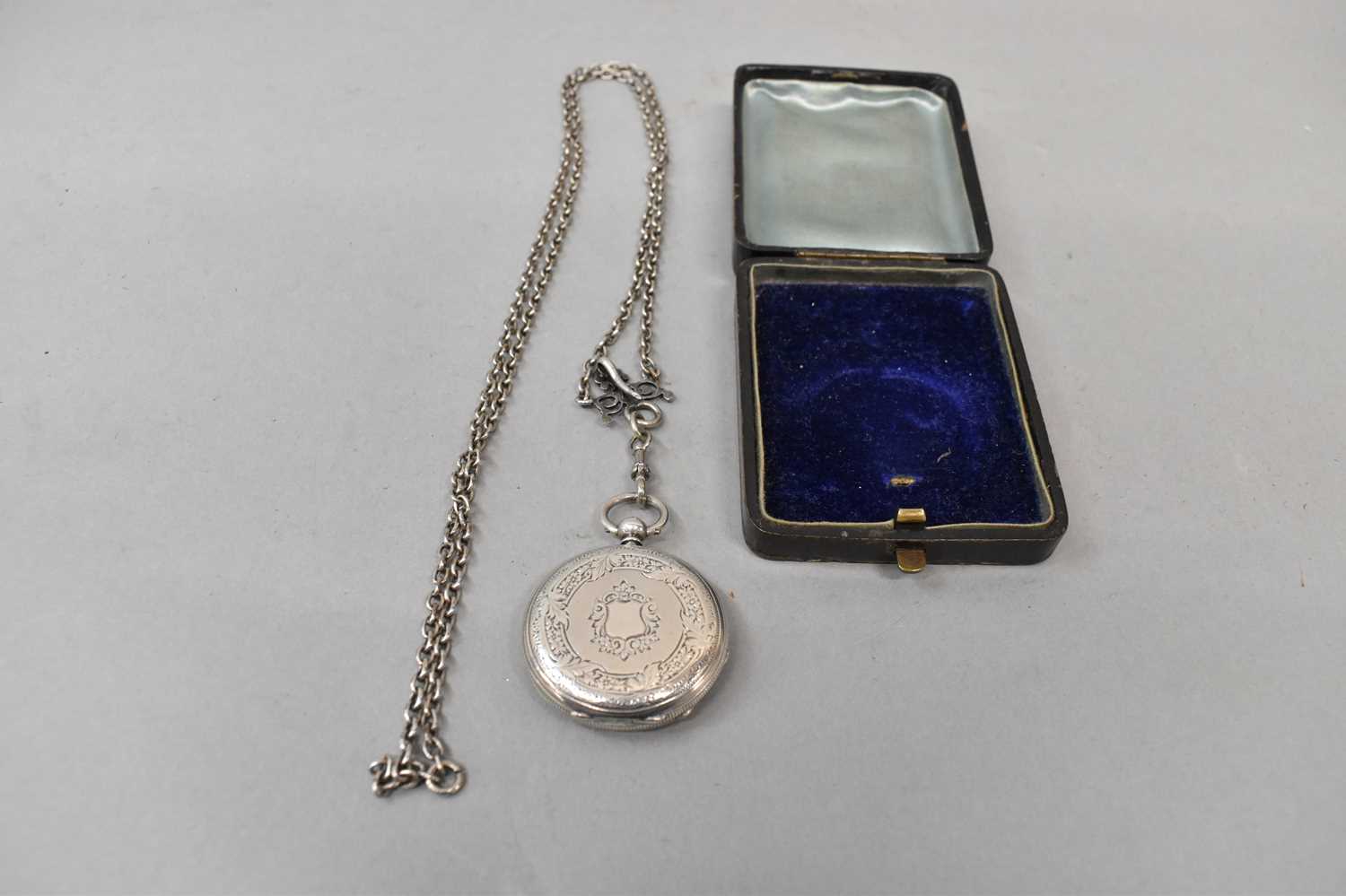 A late 19th century Continental silver open face key wind fob watch with Roman numerals to the