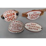 BR 'Look Out Close' red and white enamel arm band, an LSWR example, another, and an oval plaque 'Not