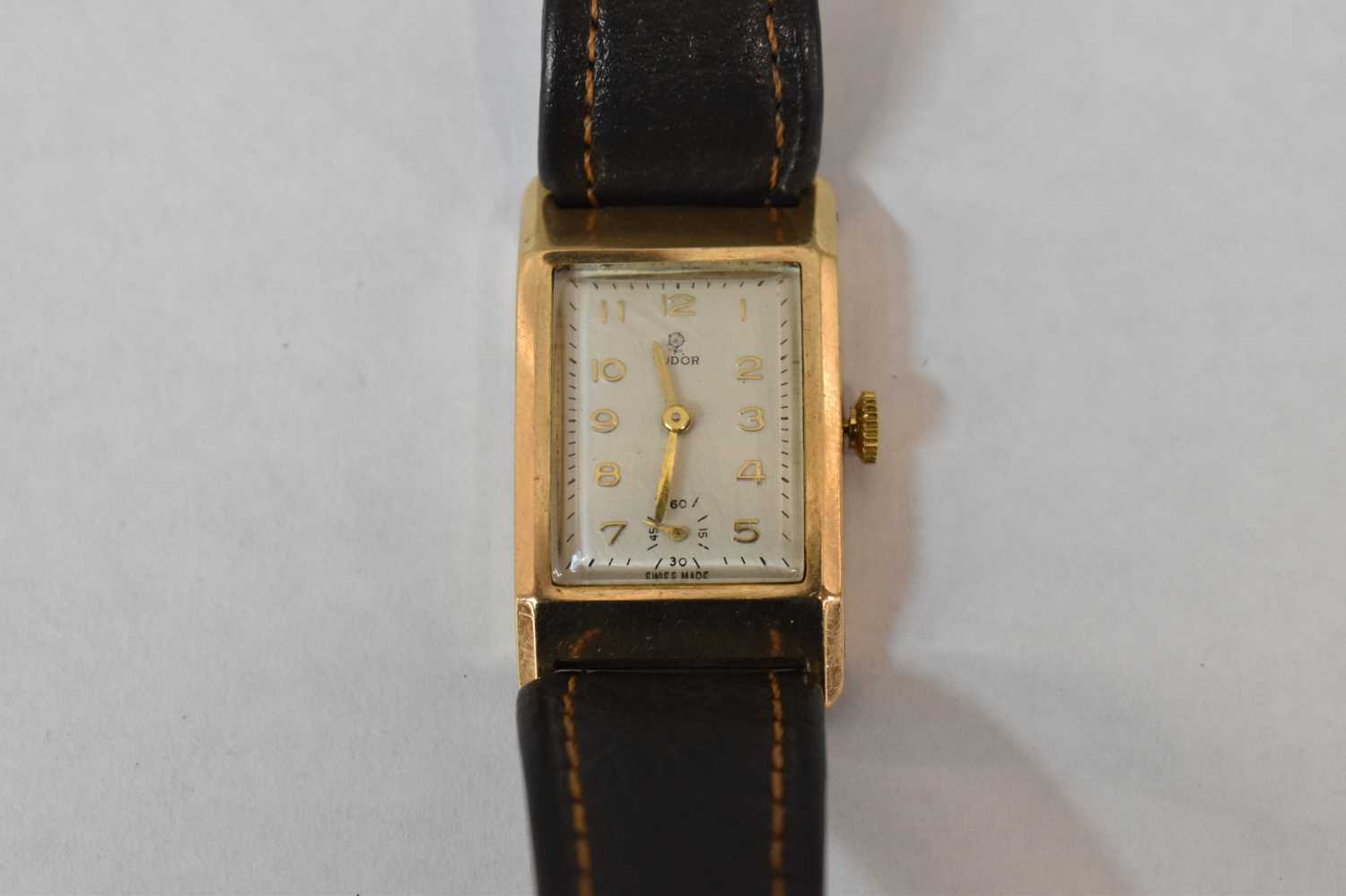 TUDOR; a 9ct gold tank style gentleman's manual wind wristwatch, the dial with gold baton, Arabic - Image 3 of 5