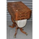 An early 19th century mahogany drop leaf sewing table, the crossbanded top above two drawers and