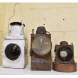 RAILWAYANA; British Rail (West) white painted railway lamp with fixed handle and single lens, height