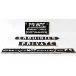 RAILWAYANA; four assorted railway sign 'Private', 9 x 45.5cm, 'Enquiries', 7.5 x 56.5cm, Private