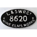 RAILWAYANA; wagon plate, L&SWR Co. 8620 Nine Elms Works, 19 x 34cm.