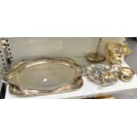 A large Walker & Hall twin handled plated tray, 61 x 37.5cm, a similarly sized oval tray, salver,