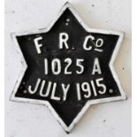 RAILWAYANA; wagon plate, star shaped FR Co. 1025 A July 1915.