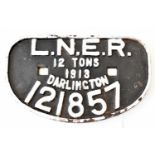 RAILWAYANA; wagon plate, LNER 121857 12 Tons 1913 Darlington, 16.5 x 27.5cm.