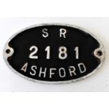 RAILWAYANA; wagon plate, SR2181 Ashford, 15 x 25cm