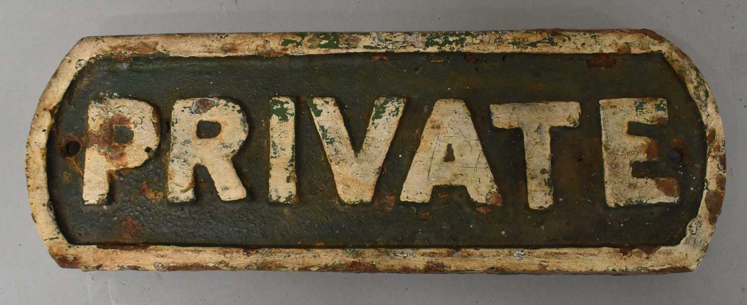 RAILWAYANA; a painted cast iron railway 'Private' sign, 29.5 x 10.5cm.