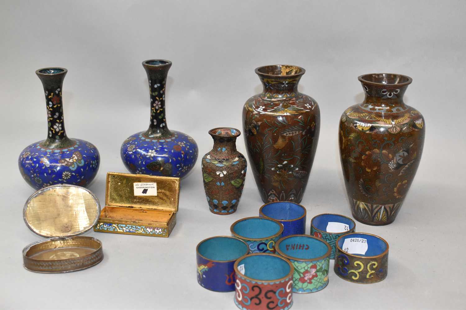 A Japanese Meiji period dark red ground vase, height 32cm, two pairs of cloisonne vases, two - Image 3 of 4