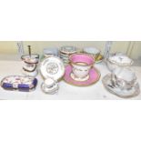 A collection of cabinet ceramics including Continental cups and saucers, pill boxes, etc.