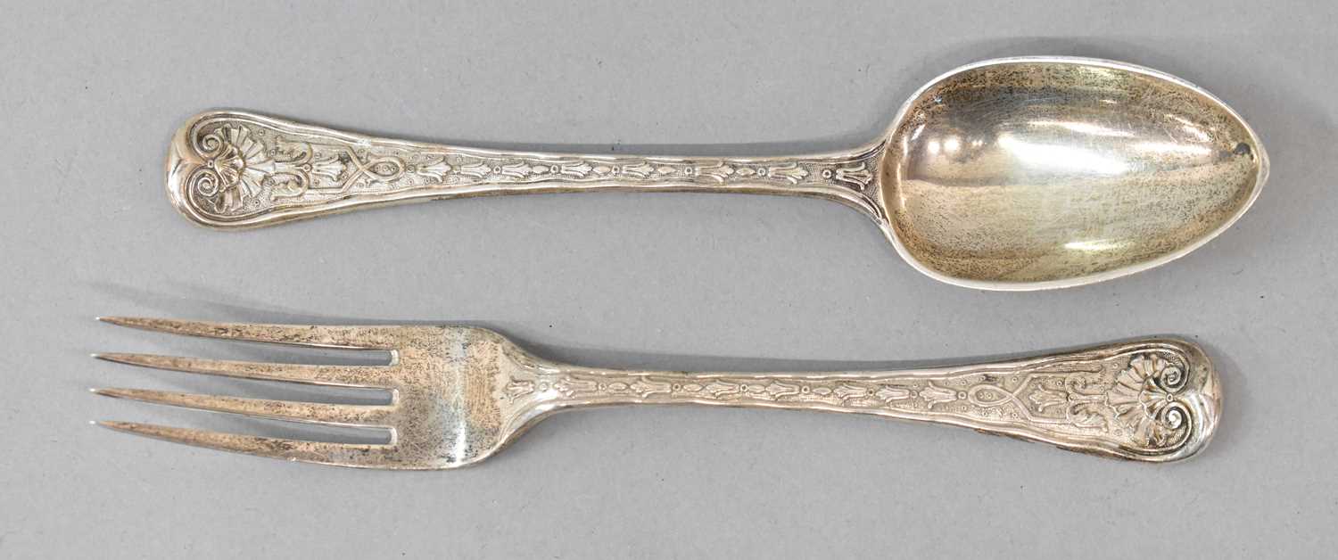 GEORGE ALDWINCKLE; a Victorian hallmarked silver fork and matching spoon, London 1867 and 1868,