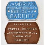 RAILWAYANA; builders plate, Powell & Duffryn, Cardiff, Cambrian Wagon Works Ltd, Cardiff, 16.5 x