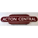 RAILWAYANA; burgundy enamel totem 'Acton Central', 26 x 91cm.