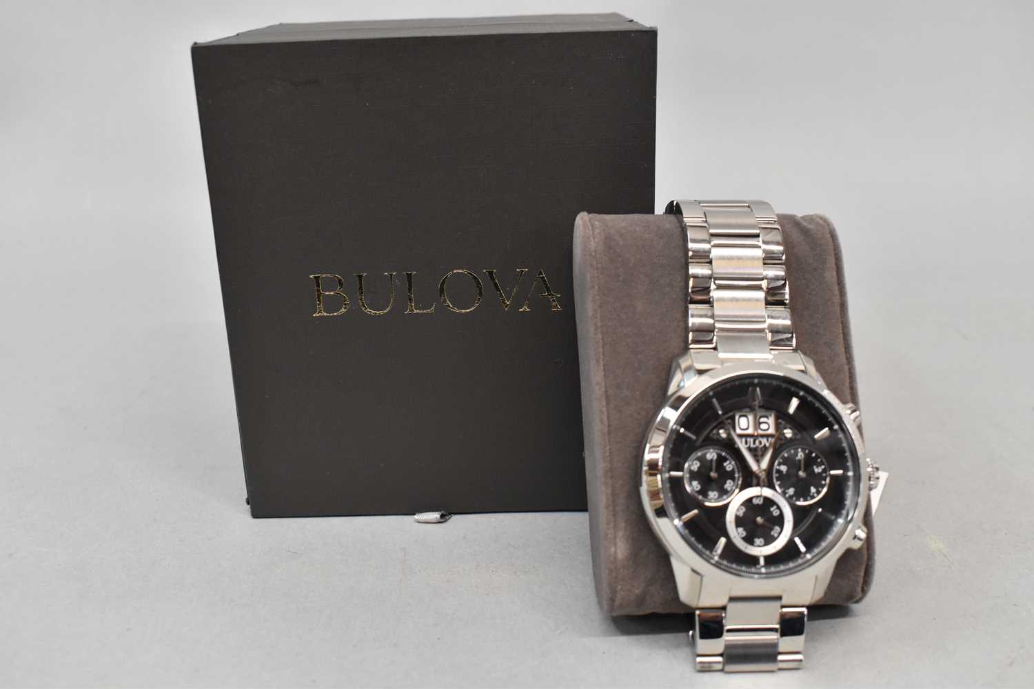 BULOVA; a gentleman's chronograph stainless steel wristwatch, boxed and unused.