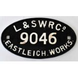 RAILWAYANA; wagon plate, L&SWR Co. 9046 Eastleigh Works, also stamped 56052 verso, 19 x 34cm.