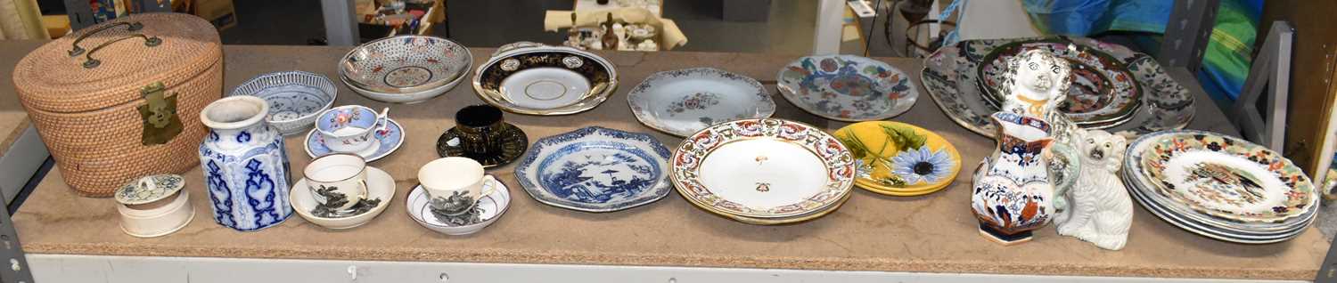 A quantity of 19th century and later ceramics including Masons Ironstone, Staffordshire dogs,