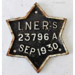 RAILWAYANA; wagon plate, star shaped LNER-S 23796A Sept 1930.