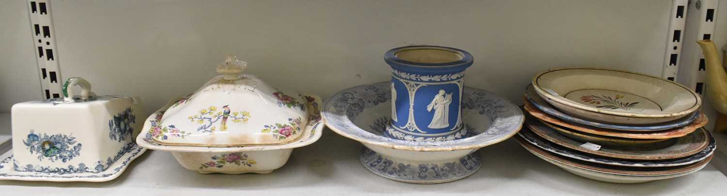 A mixed lot of 19th century and later ceramics including Masons ironstone cheese dish, etc.