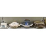 A mixed lot of 19th century and later ceramics including Masons ironstone cheese dish, etc.