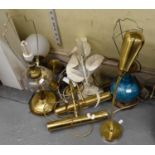 A quantity of assorted lighting including brass and glass oil lamp conversion, adjustable desk lamp,