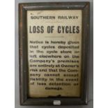 RAILWAYANA; Southern Railway printed 'Loss of Cycles' notice in painted wooden frame, 37 x 25cm.
