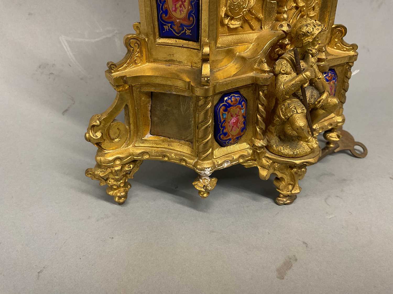 A late 19th century French ormolu mantel clock with enamel dial and inset enamel panels, height - Image 4 of 6