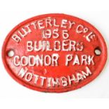 RAILWAYANA; builders plate, Butterley Co Ld 1956 Codnor Park, Nottingham, 17.5 x 23cm