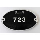 RAILWAYANA; wagon plate, SR 723, 15 x 25.5cm.