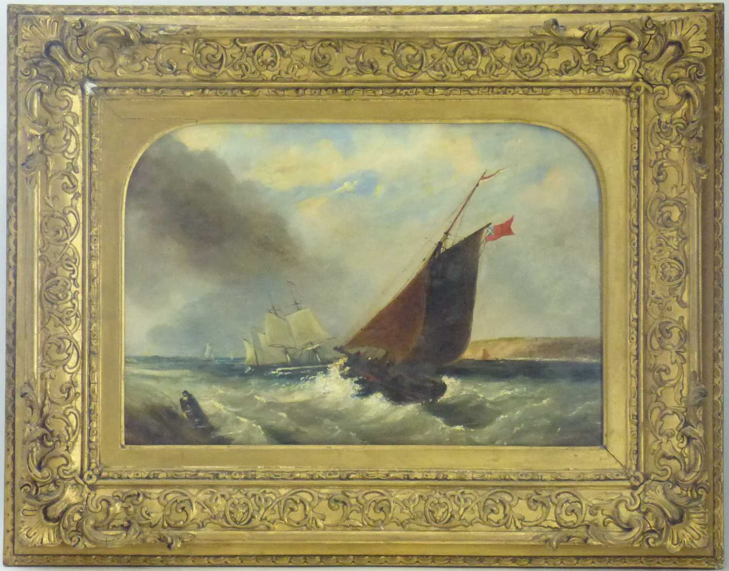 19TH CENTURY BRITISH; oil on board depicting a maritime scene of sailboats on a coastline, one