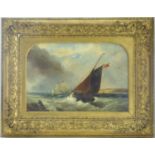 19TH CENTURY BRITISH; oil on board depicting a maritime scene of sailboats on a coastline, one