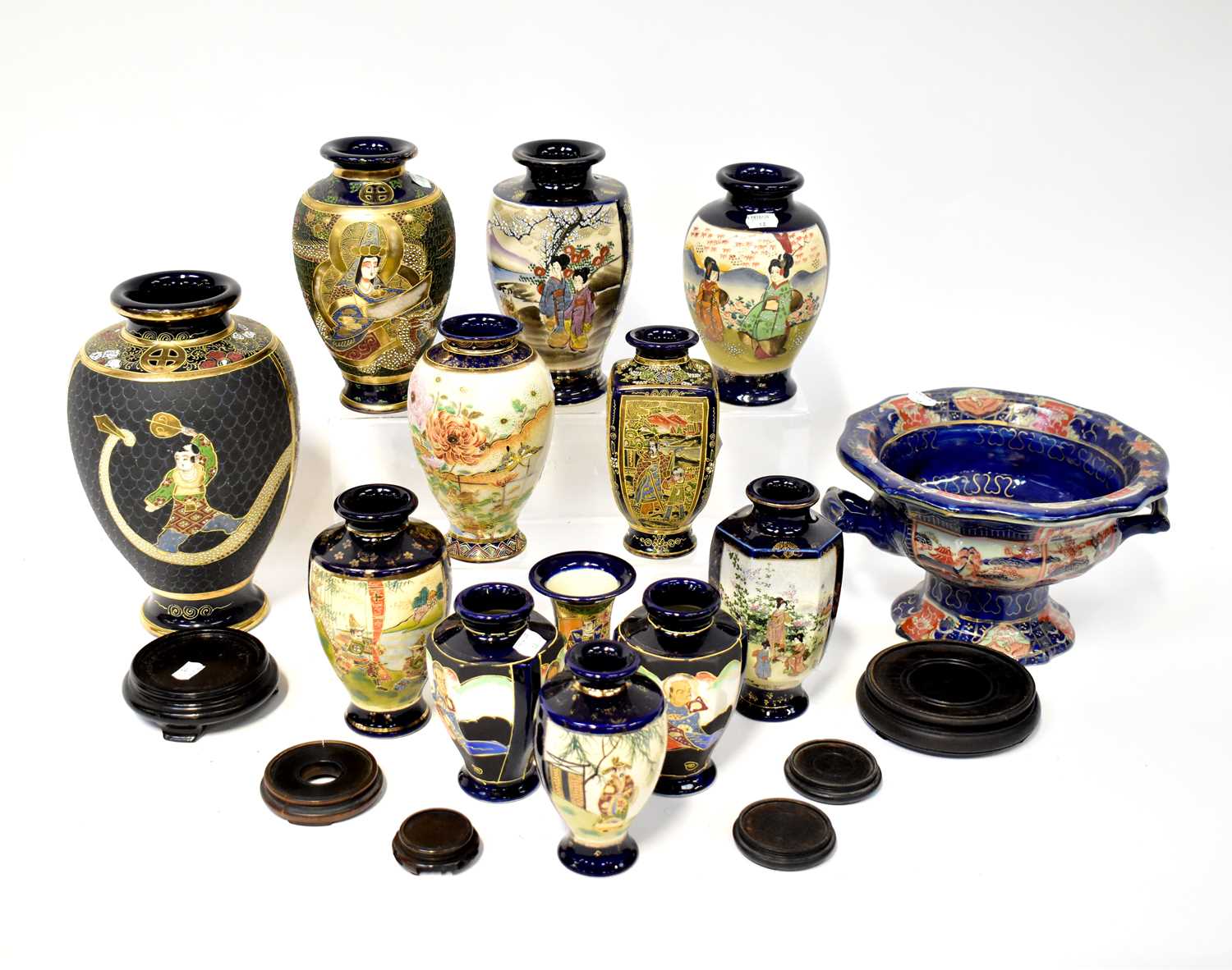 Thirteen early/mid-20th century Satsuma and other vases to include a large baluster vase with