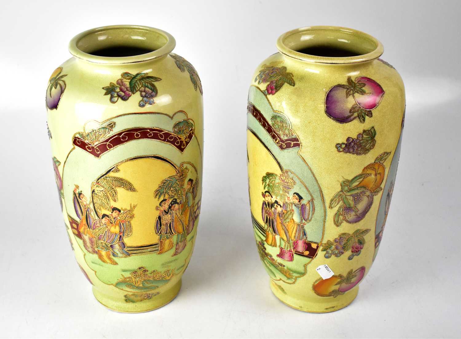 A pair of 20th century Japanese Satsuma-style baluster vases with fruit and floral panel decoration, - Image 3 of 3