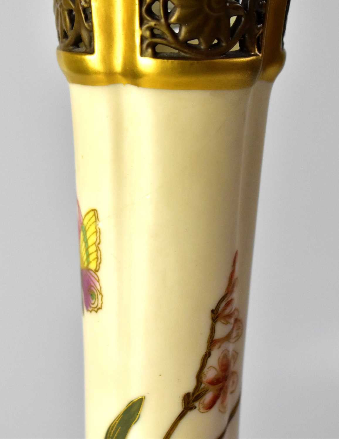 ROYAL WORCESTER; a blush ivory twin-handled onion-shaped vase with reticulated gilt-heightened - Image 2 of 3