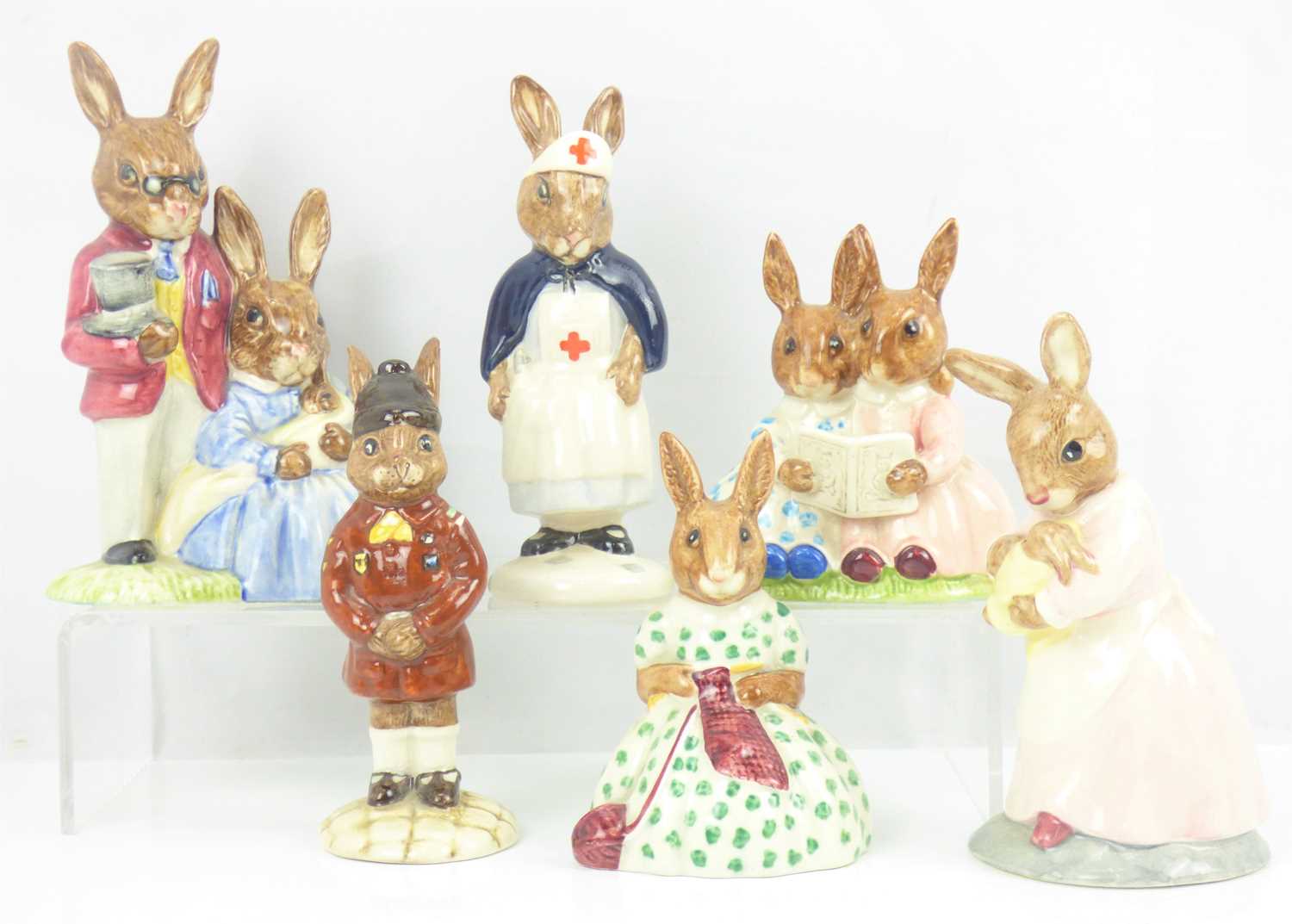 ROYAL DOULTON; six Bunnykins figures comprising DB74 'Nurse', DB61 'Brownie', DB167 'Mother and