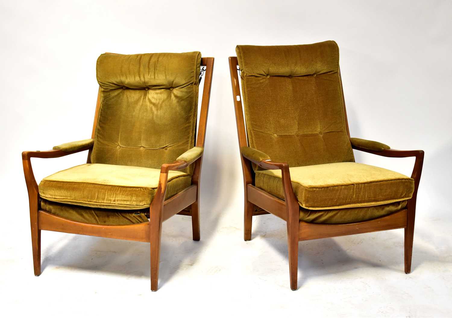 CINTIQUE; a retro teak two-seater settee, height 85cm, width 120cm, with a matching pair of