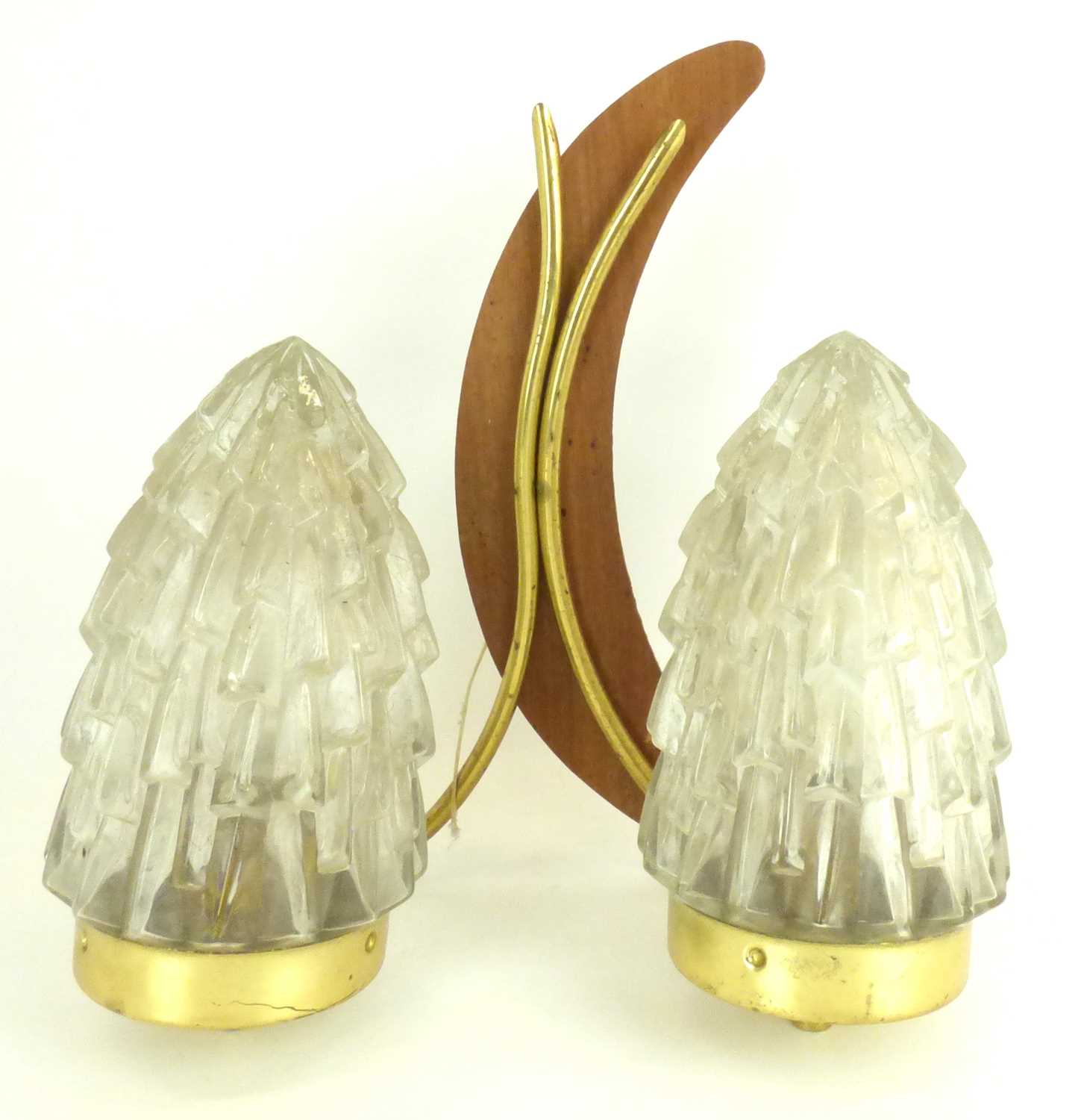 Five 1970s double wall lights with teak crescent back and brass tubular lamp mounts forming part - Image 3 of 4