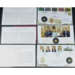 JUBILEE MINT; three gold coin commemorative stamp covers to commemorate 'The Queen Elizabeth II