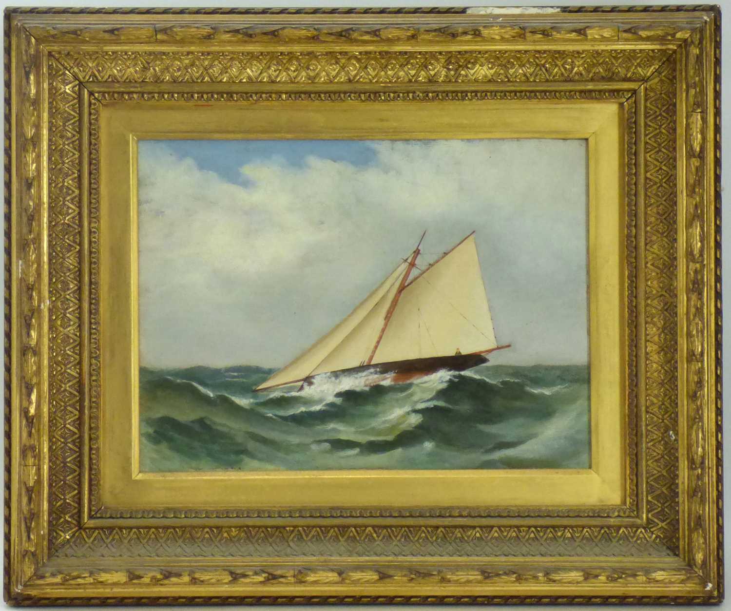 LATE 19TH CENTURY BRITISH; oil on board depicting a sailboat racing through choppy waters on a clear