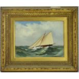 LATE 19TH CENTURY BRITISH; oil on board depicting a sailboat racing through choppy waters on a clear