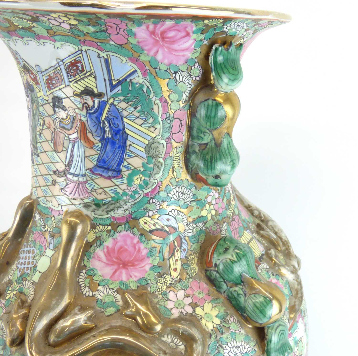 A large late 19th/early 20th century Canton Famille Rose baluster vase with flared neck decorated - Image 5 of 7